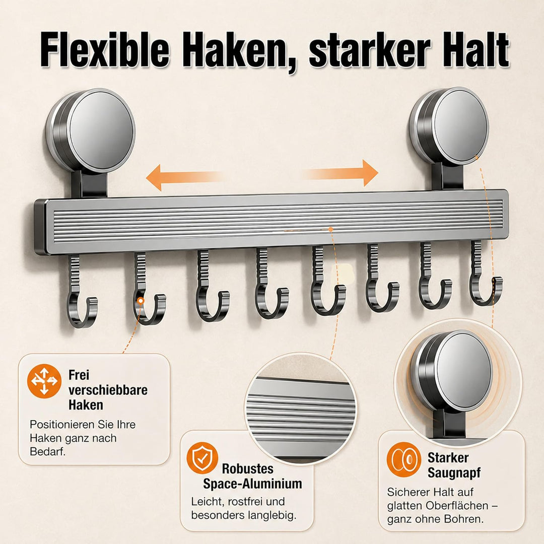 URMONA Hakenleiste Küche ohne Bohren mit Saugnapf | 8 Haken, 40 cm lang, bis 20 kg belastbar, selbst