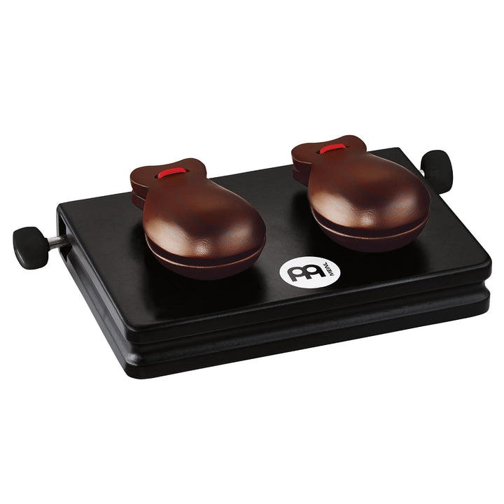 Meinl Percussion CM2 Kastagnetten Maschine mit zwei Kastagnette auf einer Holzplatte montiert