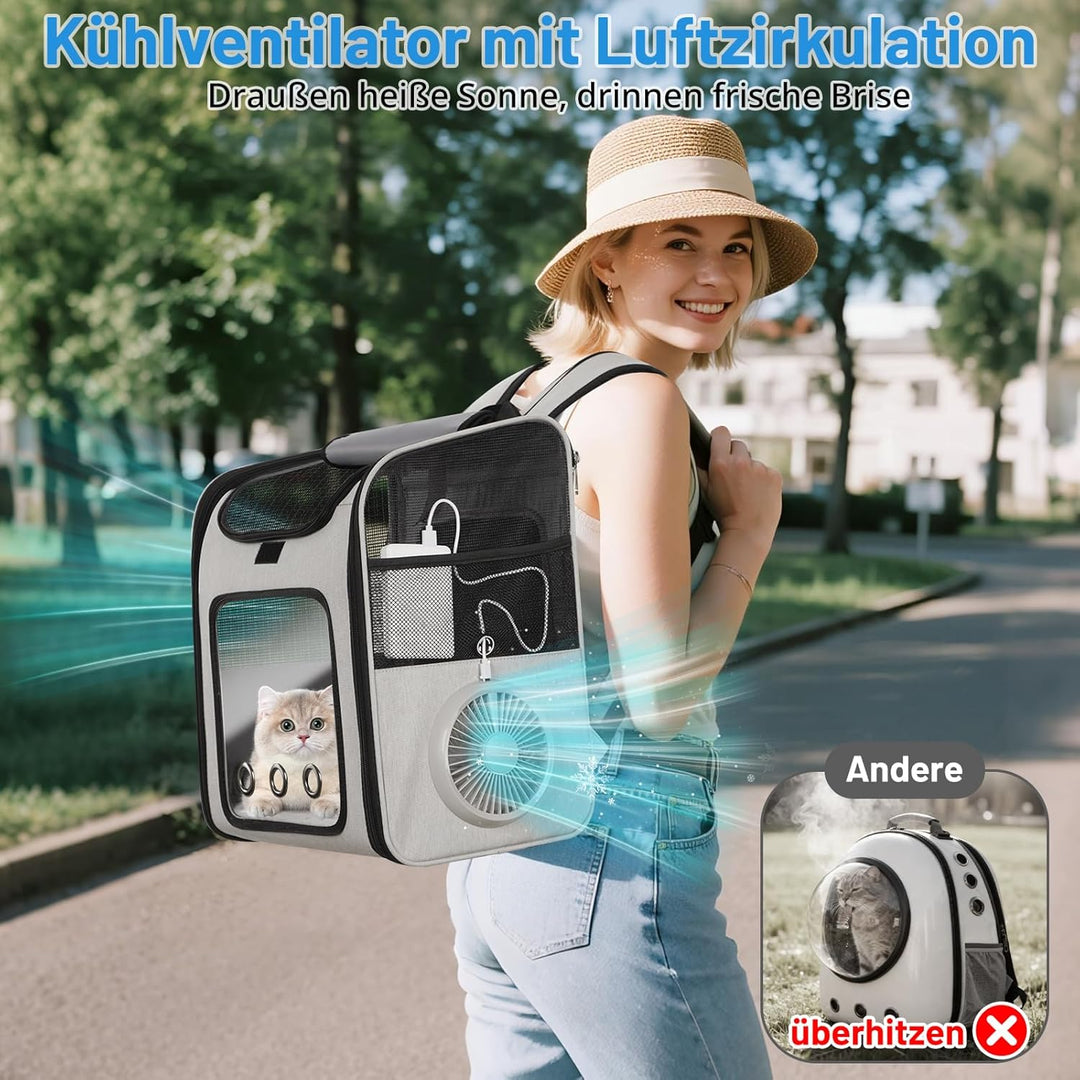 Katzenrucksack mit Kühlventilator und Heizkissen für alle Jahreszeiten, erweiterbare Haustiertrageta
