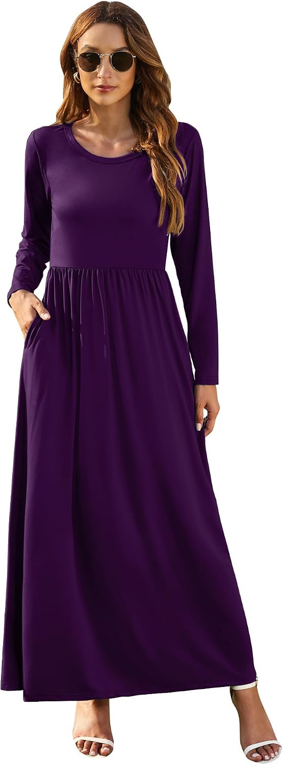 AUSELILY Damen Langarm Maxikleider Lässige Langkleider mit Taschen Winter S Lila, S Lila