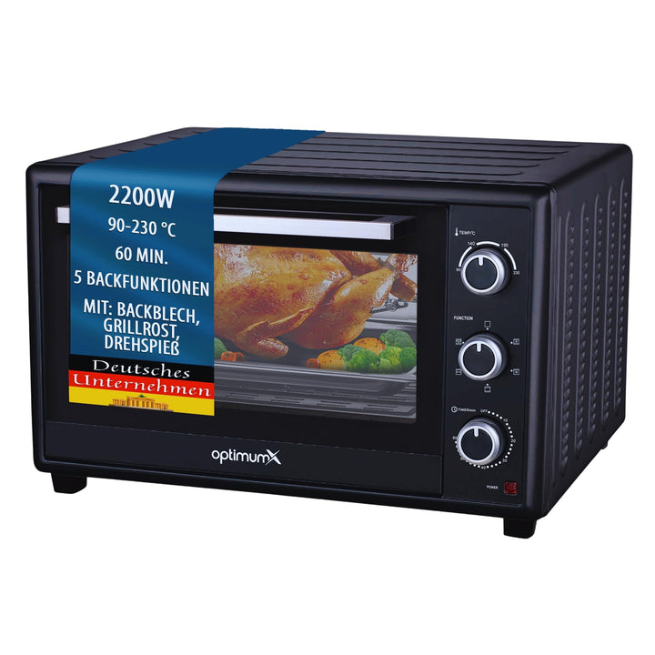 OptimumX Minibackofen 60 Liter XXL mit Umluft, 2200W, Drehspiess, Anthrazit, 60 Liter