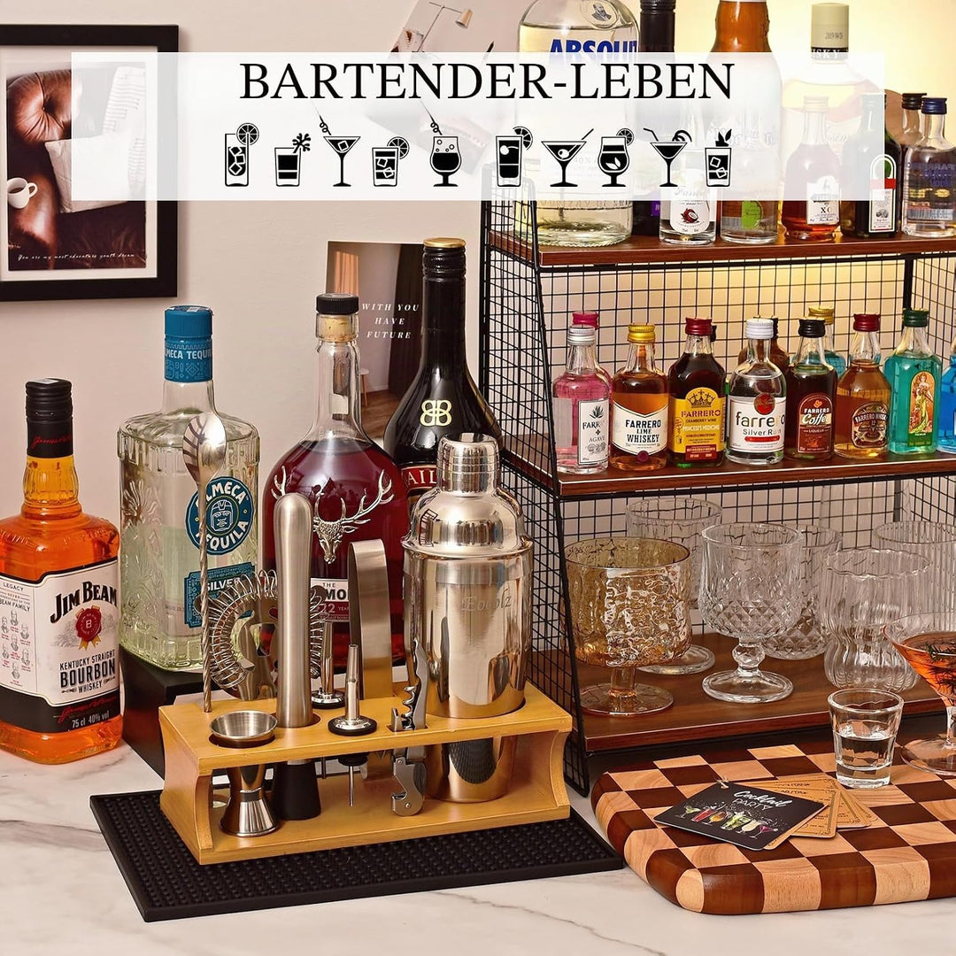 Eocolz Cocktail Shaker Set Edelstahl Barkeeper Set Bar Zubehör mit Ständer, Doppeljigger, Sieb, Bar