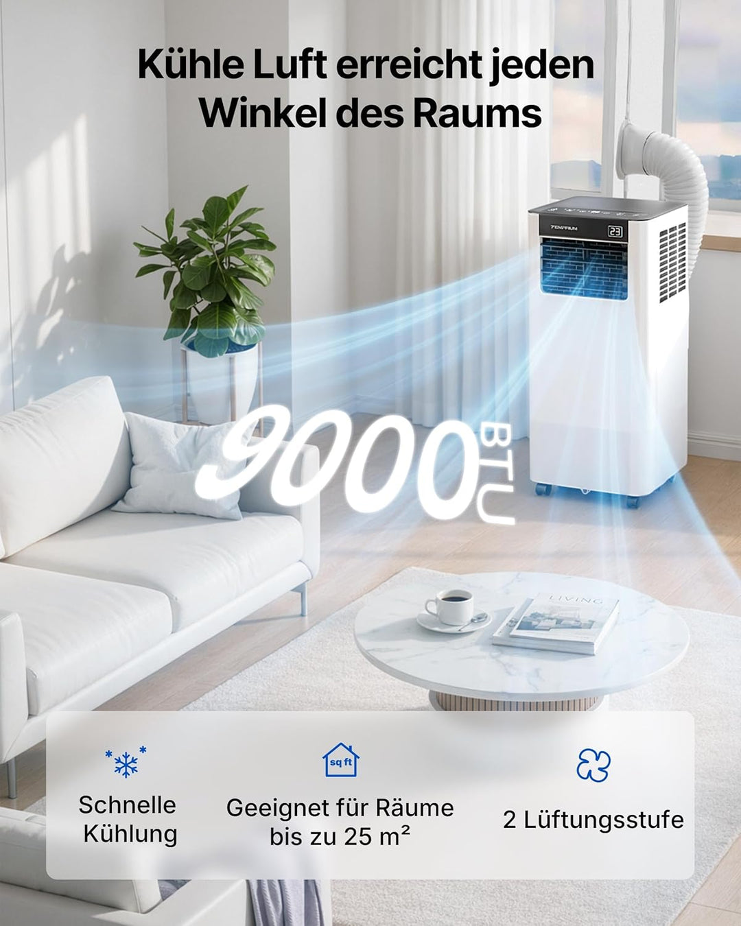 Mobile Klimaanlage 9000BTU 2,6Kw mit Abluftschlauch | 3-in-1 Mobiles Klimagerät | Fensterabdichtung