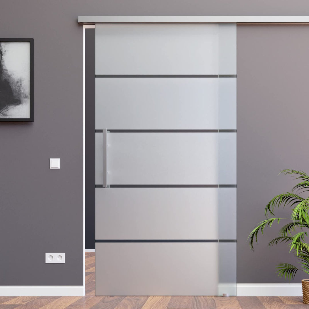 BP1-775-420GR-ASE: Schiebetürsystem ESG 775x2050x8mm P1, Siebdruck; Alu Schienensystem SlimLine Soft