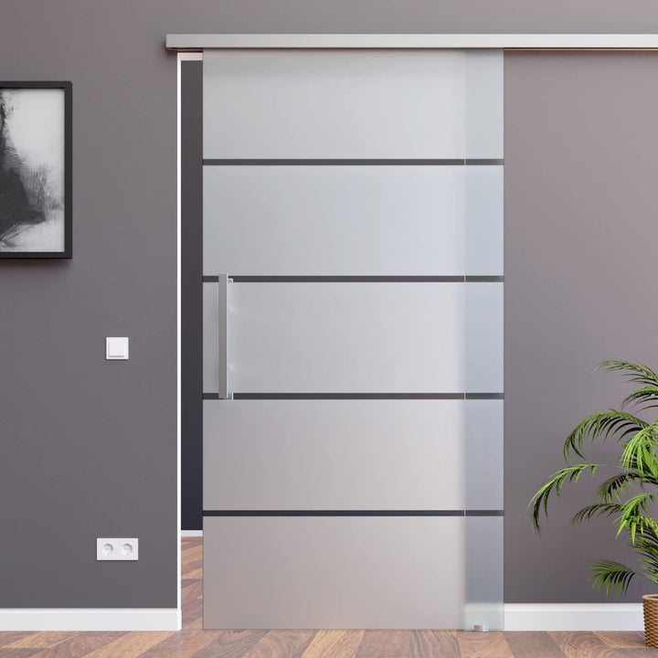 BP1-900-2-420Q-AS: Schiebetürsystem ESG 900x2175x8mm P1, Siebdruck; Alu Schienensystem SlimLine Soft
