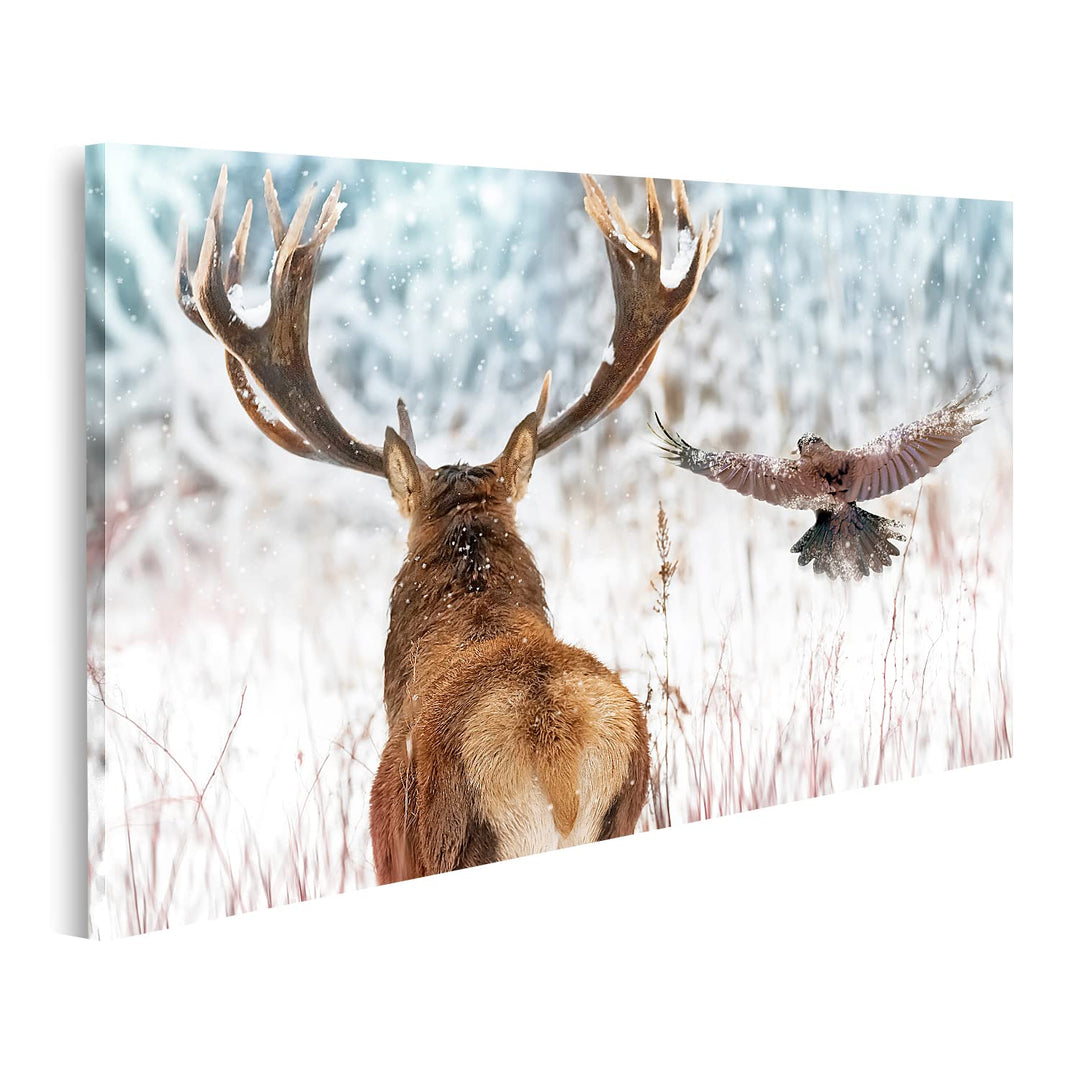 islandburner Bild auf Leinwand Edler Hirsch Grosse Hörner Rabe Flug Wintermärchen Wald Weihnachten W