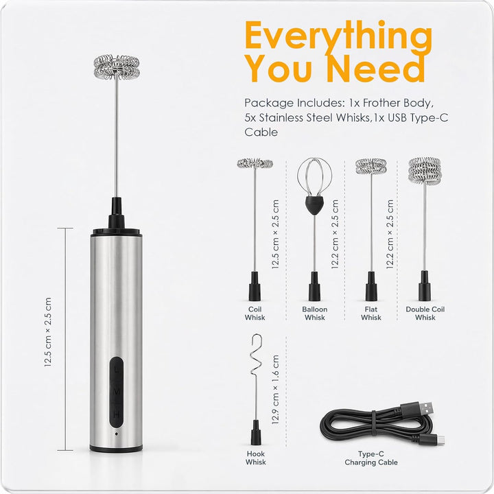 Milchaufschäumer Elektrisch, USB-C Akku, 5 abnehmbare Quirl-Schneebesen, Tragbarer Hand-Milchschäume