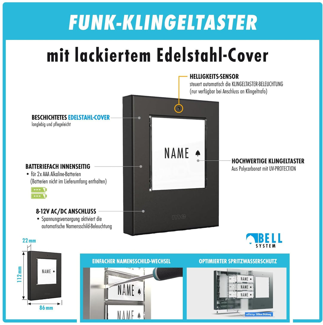 m-e Funkklingel BELL-521 AC Edelstahl Anthrazit mit Sender und Empfänger für 1-Familienhaus, Erweite