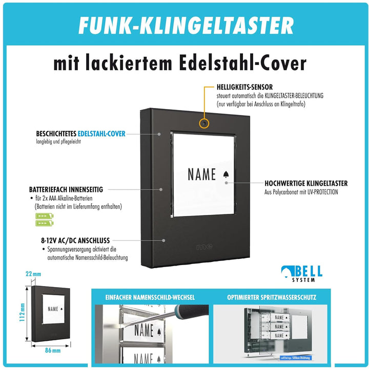 m-e Funkklingel BELL-521 AC Edelstahl Anthrazit mit Sender und Empfänger für 1-Familienhaus, Erweite