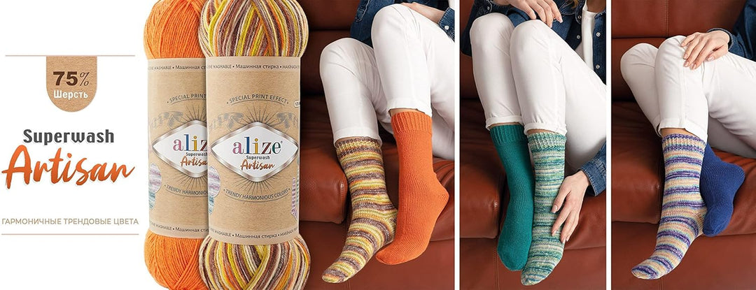 Alize 5x 100g Superwash Artisan Türkische Premium Sockenwolle Wolle 75% SW Wool - 25% Polyamide Hand