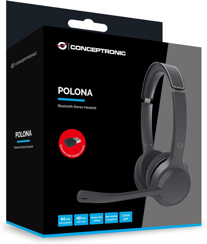 Conceptronic POLONA04BA Bluetooth-Stereo-Headset mit USB-Audioadapter, Mikrofon mit Geräuschunterdrü