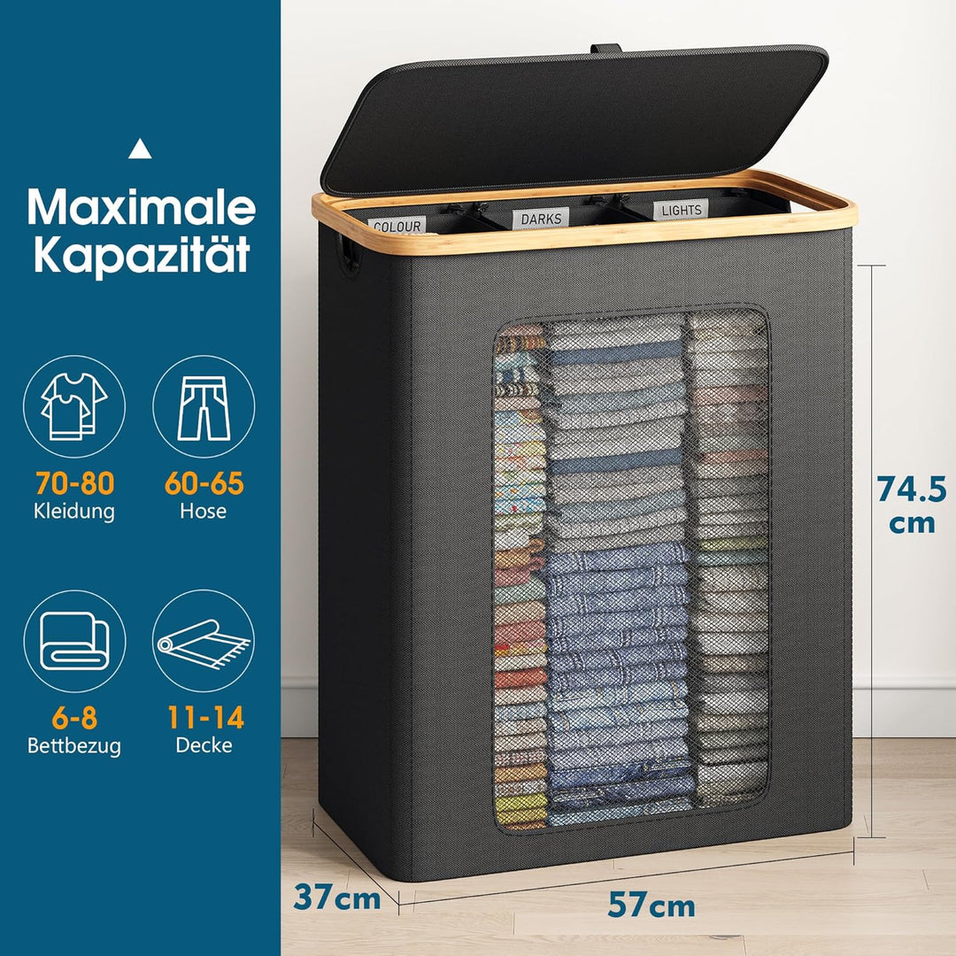 Wäschekorb 3 Fächer 160L, Wäschesammler mit Deckel, Bambusrahmen und 600D wasserdichtem Oxford Stoff