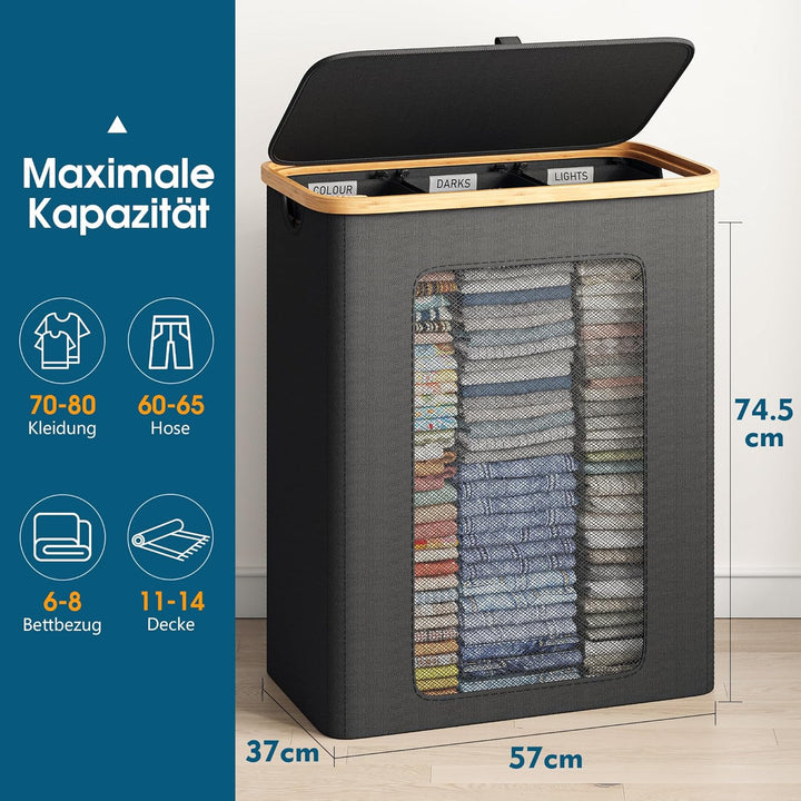 Wäschekorb 3 Fächer 160L, Wäschesammler mit Deckel, Bambusrahmen und 600D wasserdichtem Oxford Stoff