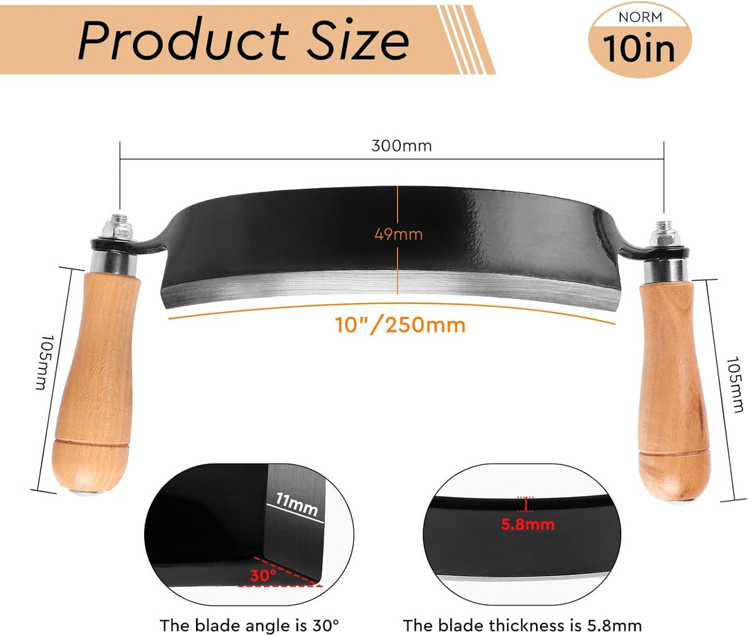 250mm Zugmesser für Holz, Gebogen, Rindenschäler mit Ergonomischen Holzgriffen und Klingenschutz, Re