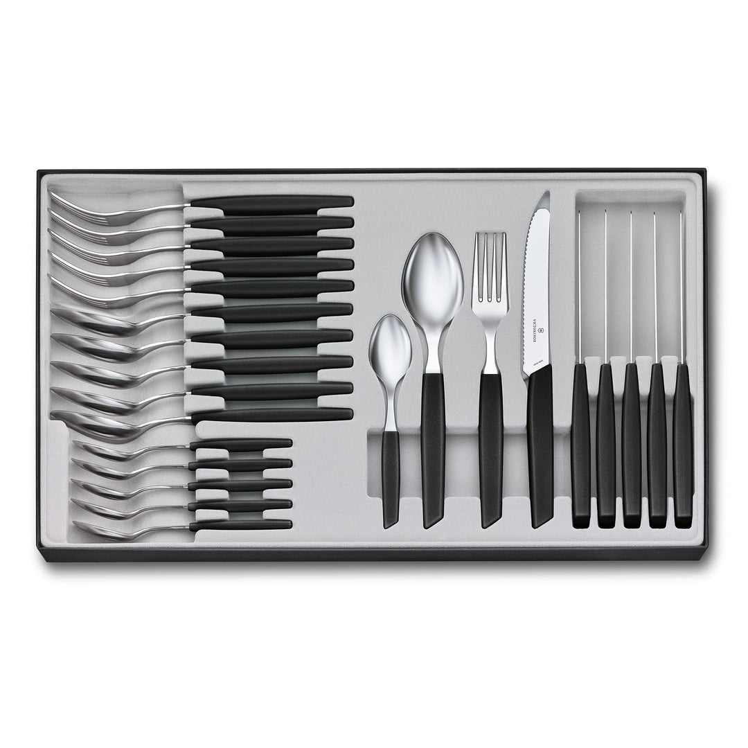 VICTORINOX Swiss Modern Besteck, 24-tlg mit Kunststoffgriffen, scharfe Klingen mit Wellenschliff, ro