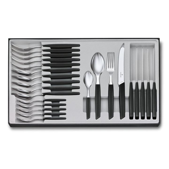 VICTORINOX Swiss Modern Besteck, 24-tlg mit Kunststoffgriffen, scharfe Klingen mit Wellenschliff, ro