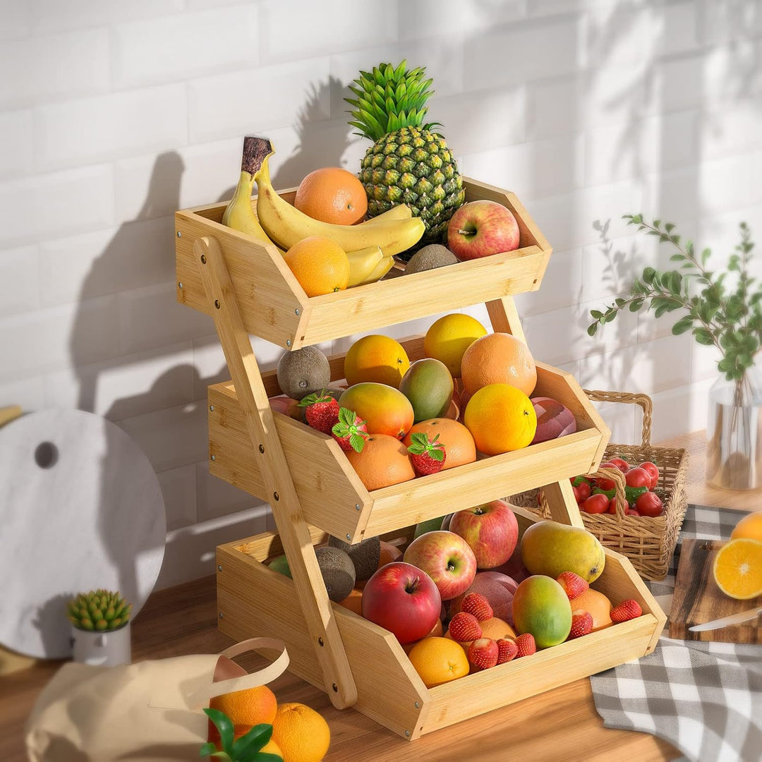 CALM COZY Obstkorb Bambus, 3-stufiger Obst und Gemüse Aufbewahrung Obstschale, Perfekt für Küchenarb