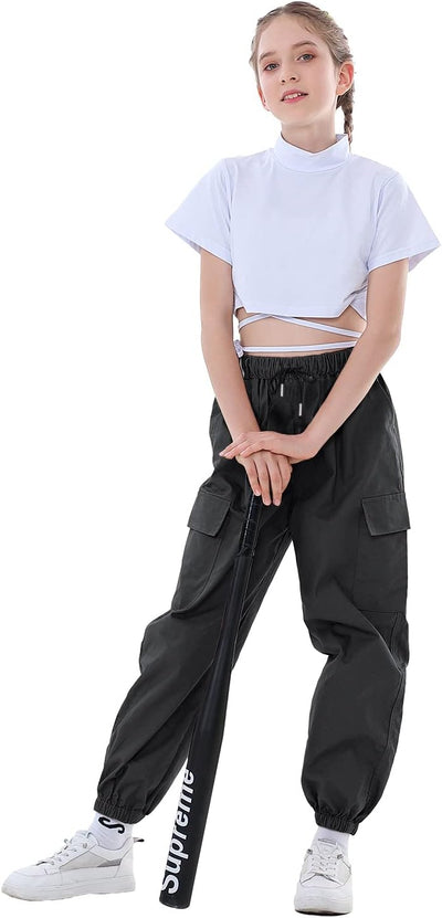 Rolanko Kinder Cargo Hose Elastische Taille Jogger Tanz Hose für Mädchen Streetwear Hip Hop, Eisen G