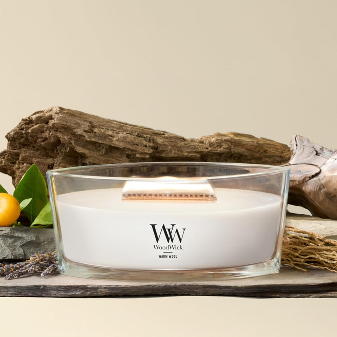 Ellipsenförmige WoodWick Duftkerze mit knisterndem Docht, Warm Wool, bis zu 50 Stunden Brenndauer,11