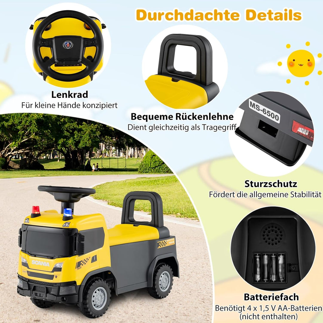 DREAMADE Rutschauto, 2 in 1 Rutscherfahrzeug mit Lenkrad, Lichtern, Blinkender Sirene, Hupe, Musik &
