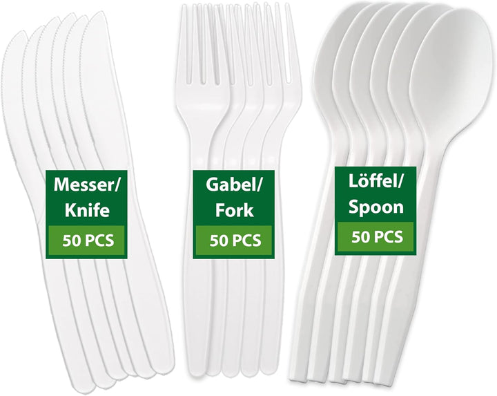 Umweltfreundliche Mehrweg Besteck | 150 Stück (je 50 Kompostierbare Gabel, Messer, Löffel) | Stabile