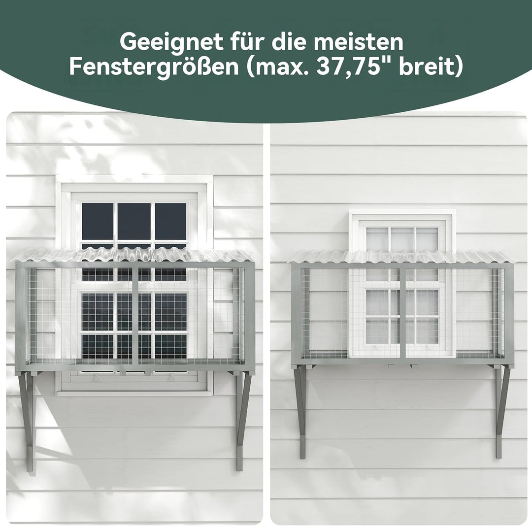 Outdoor Katzenfenster Catio aus Holz – Wetterfester Katzen-Fensterkasten mit verzinktem Drahtgitter