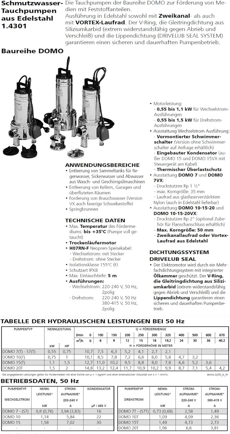 LOWARA DOMO Tauchpumpen Schmutzwasser DOMO 10VXT/B Vortex 0,75kW 1,1Hp 3x400V