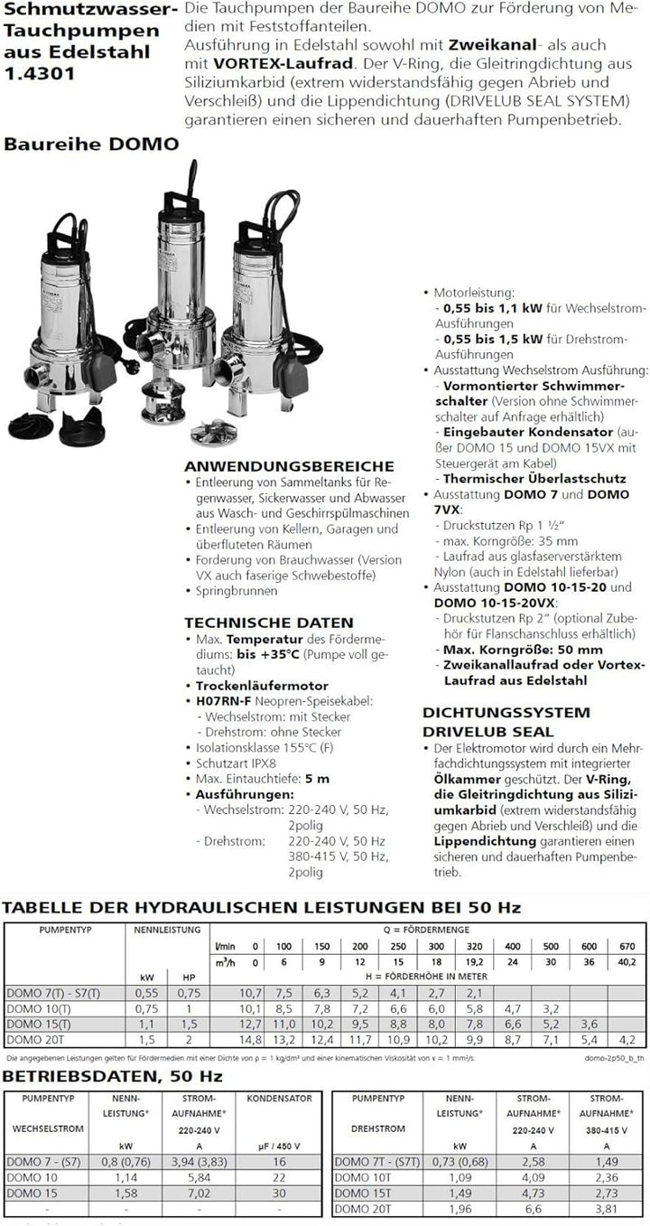LOWARA DOMO Tauchpumpen Schmutzwasser DOMO 10VXT/B Vortex 0,75kW 1,1Hp 3x400V