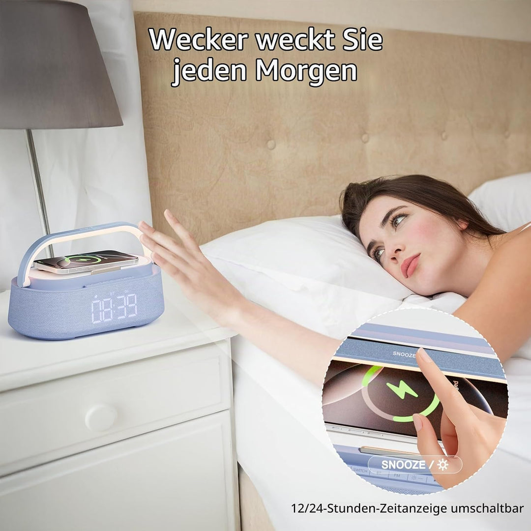 COLSUR Radiowecker Digital mit Wireless Charger, Bluetooth Lautsprecher Smart Wecker Schlummerfunkti