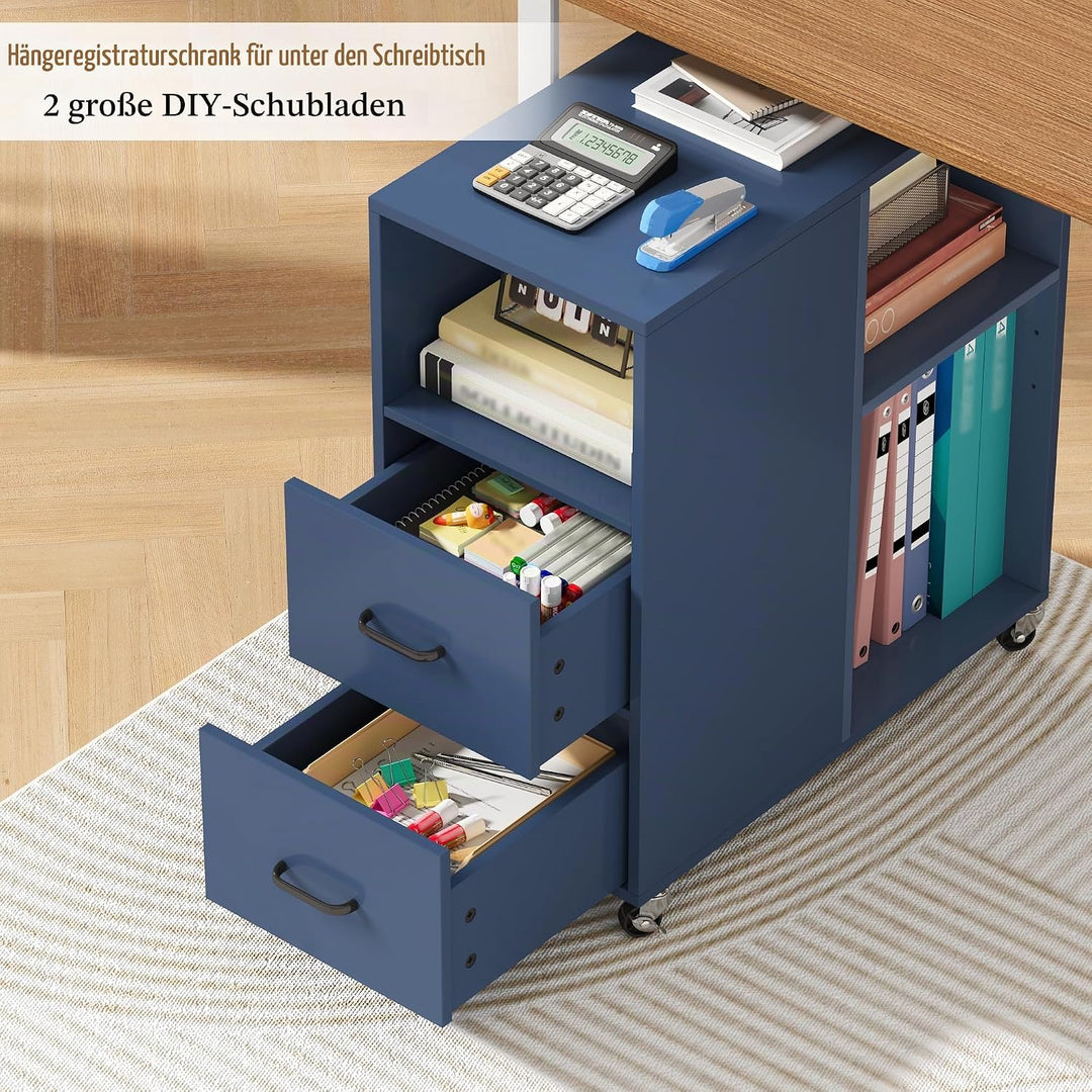 HOCSOK Rollcontainer Schreibtisch mit Verstellbarer Einlegeboden, Blau, Blau