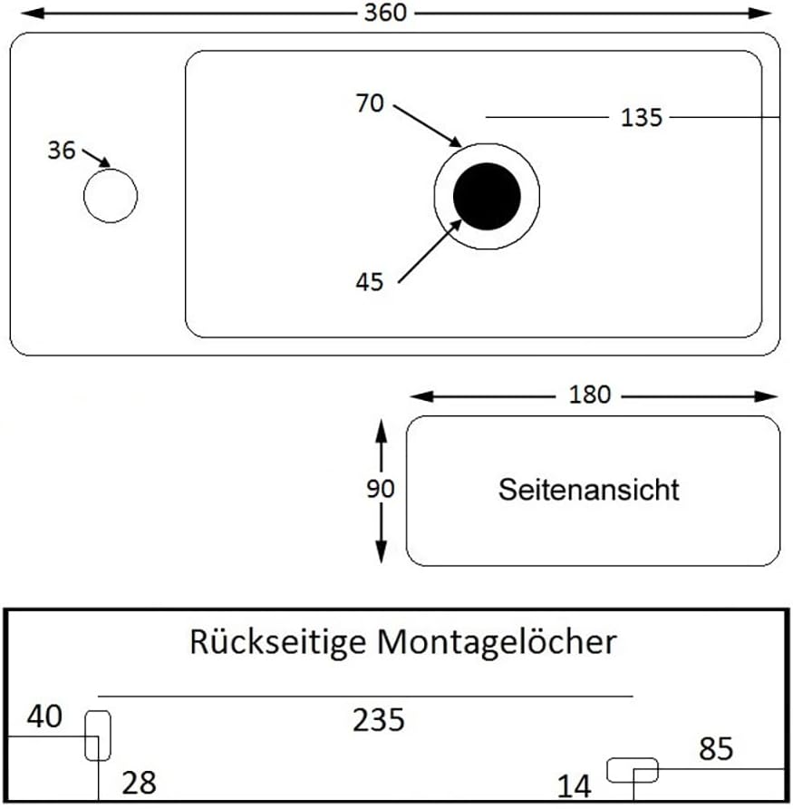 Mini Hänge-Waschbecken NEG Uno41H extra klein 36x18cm rechteckig Armatur-Loch links Montage-Material