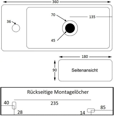 Mini Hänge-Waschbecken NEG Uno41H extra klein 36x18cm rechteckig Armatur-Loch links Montage-Material