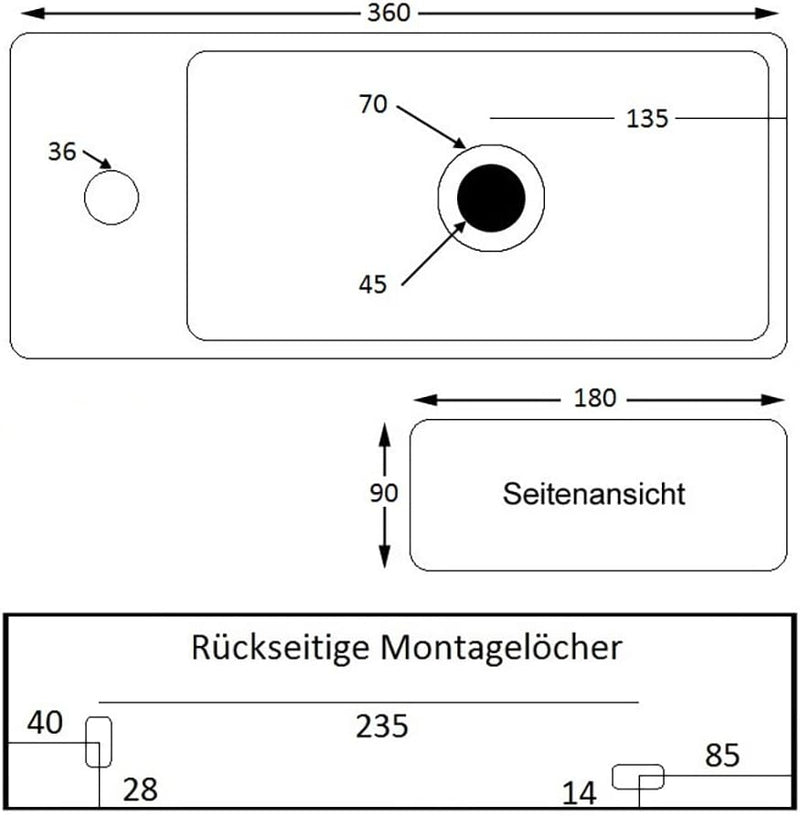 Mini Hänge-Waschbecken NEG Uno41H extra klein 36x18cm rechteckig Armatur-Loch links Montage-Material