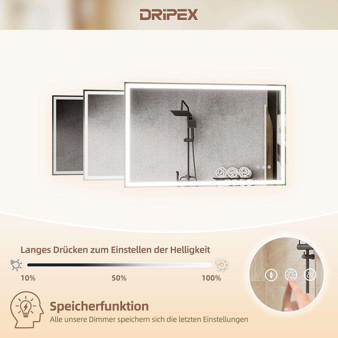 Badezimmerspiegel Led Badspiegel, Speicherfunktion, Touch-Schalter, Druckknopf, Dimmbar, 3 Lichtfarb