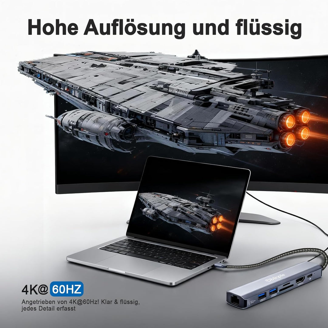 7 in 1 USB C Hub Gigabit Ethernet Adapter mit 4K@60Hz HDMI LAN RJ45 PD100W 2*USB 3.0 SD/TF Kartenles
