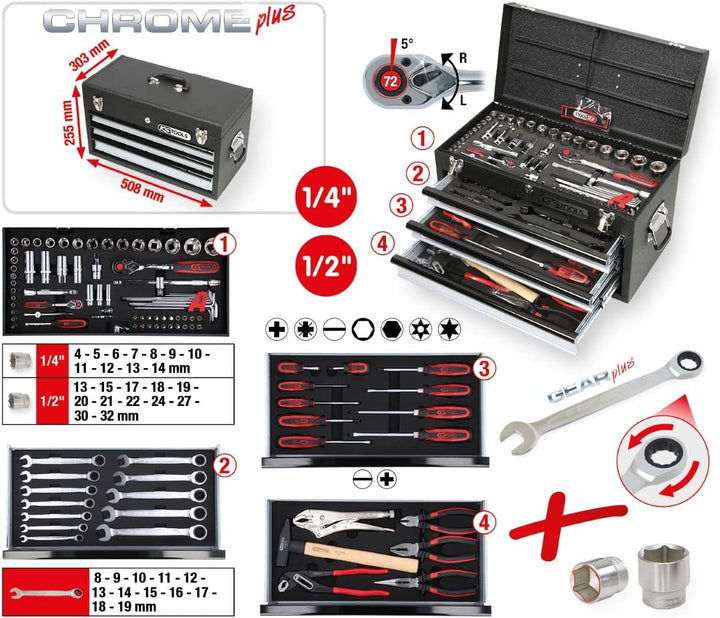 KS Tools 918.0100 1/4"+1/2" CHROMEplus Universal-Werkzeug-Satz, 99-tlg. GEAR