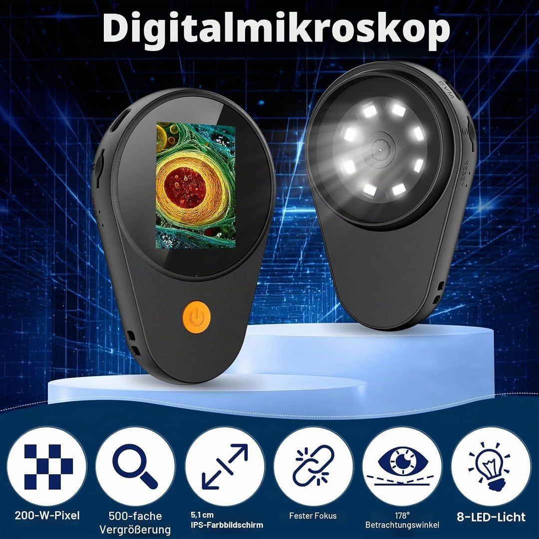 Kinder Handy Mikroskop Digital mit Bildungsgeschenk: 500x Taschenmikroskop, 2,0" IPS-Bildschirm, 200