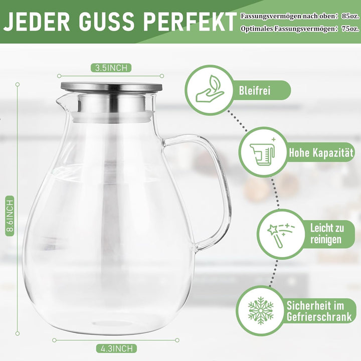 SUSTEAS 2.5 Liter 75oz Wasserkaraffe, Glaskaraffe mit Deckel und Breitem Griff, Leicht zu Reinigende