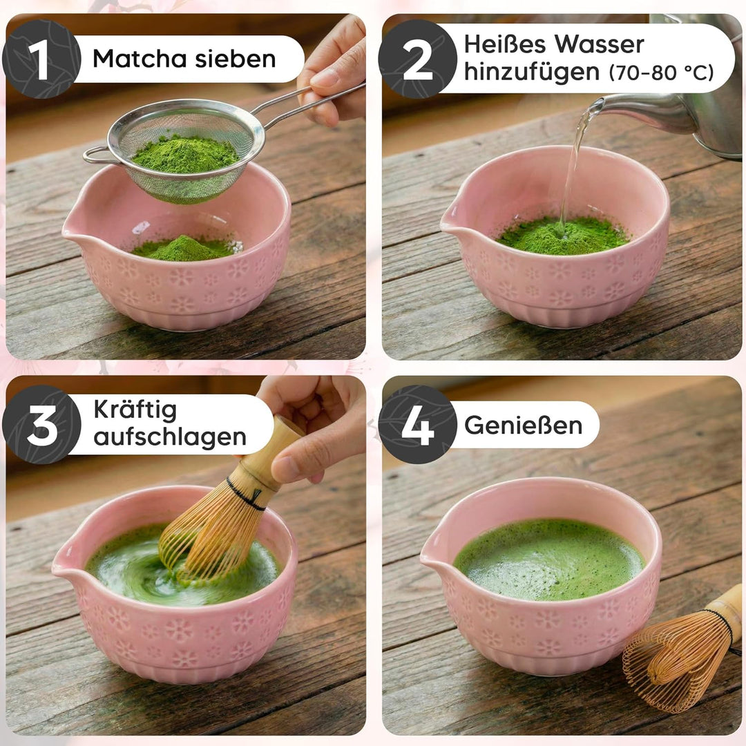 Matcha Set, Keramik Matcha Tee Set Mit Schale, Bambusbesen, Löffel, Sieb, Löffelablage, Besenhalter,