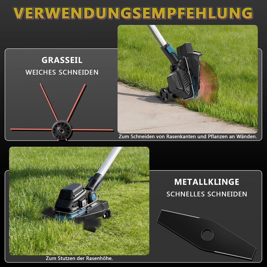 7-in-1 Akku-Rasentrimmer für Makita-Akkus mit 2 Akkus&amp;Ladegerät | 1200W Freischneider mit Unkrautbür