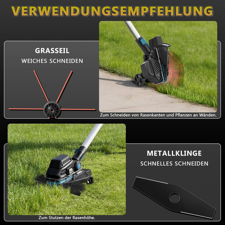 7-in-1 Akku-Rasentrimmer für Makita-Akkus mit 2 Akkus&amp;Ladegerät | 1200W Freischneider mit Unkrautbür