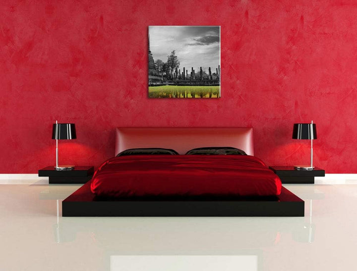 Pixxprint atemberaubender Buddha Tempel schwarz/weiss, Format: 70x70 auf Leinwand, 70x70