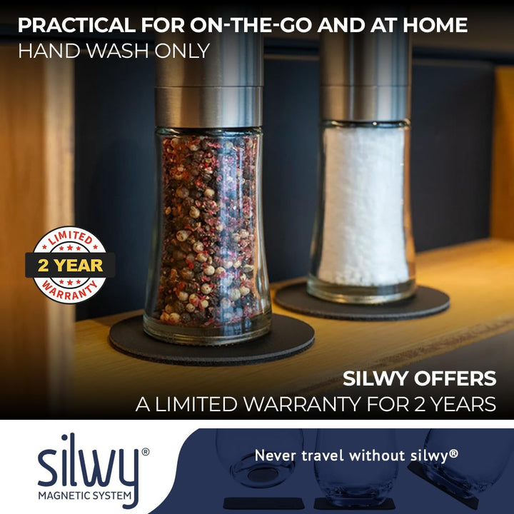silwy® Gewürzmühlen mit Magneten 2er Set mit verstellbarem Keramikmahlwerk inkl. 2 Metall-Nano-Gel-P