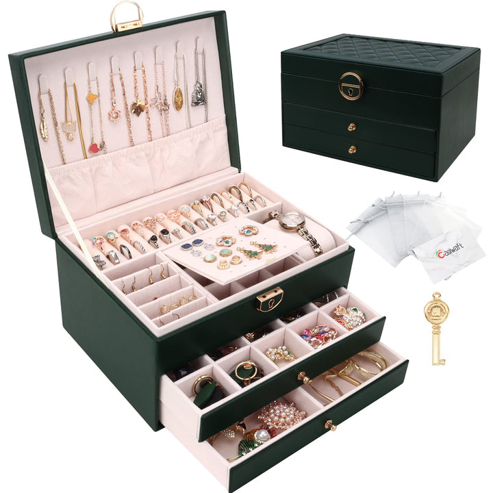 Schmuckkasten, Schmuckkästchen mit 3 Ebenen mit Schubladen, PU-Leder Schmuckbox Schmuckschatulle Gro