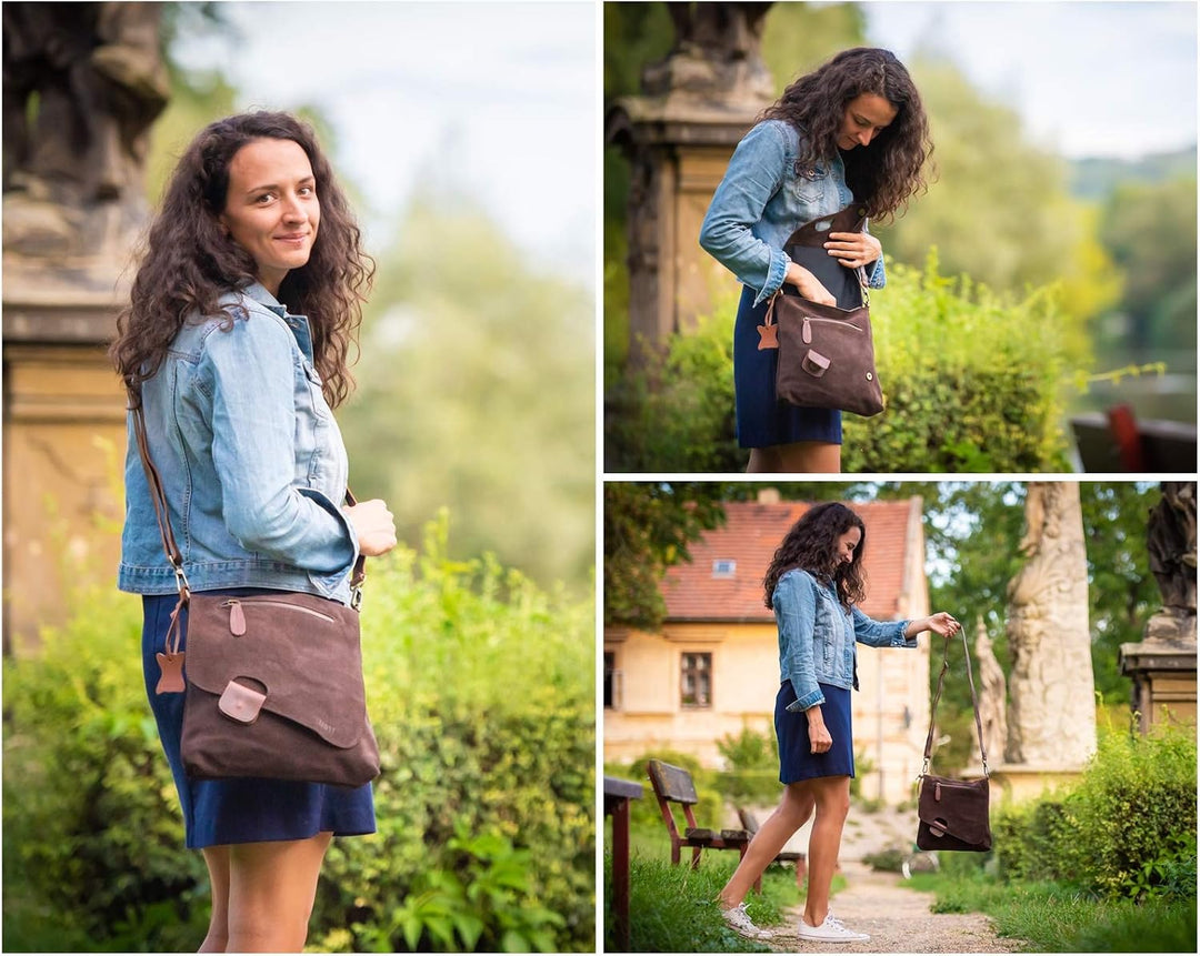 LECONI Umhängetasche für Damen Crossbag Veloursleder Echtleder Natur Damentasche Schultertasche Lede
