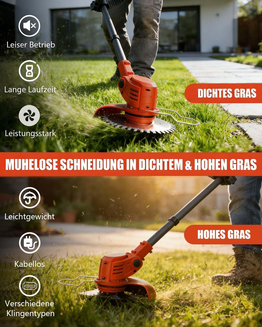 Rasentrimmer mit Akku, 850W Klappbarer Akku Freischneider mit 2X4.0AH Batterien, Akku Rasentrimmer &