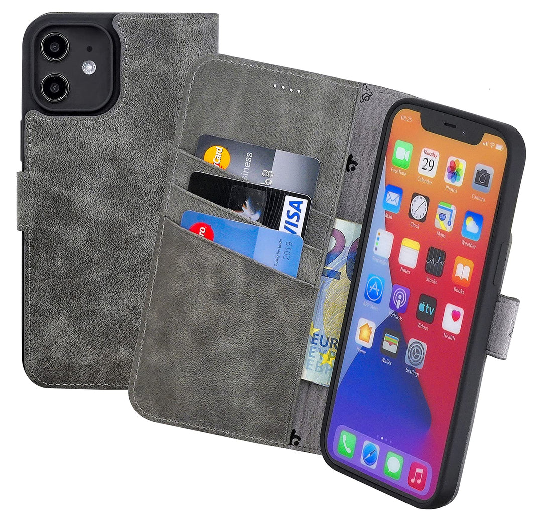 Suncase Book-Style Hülle kompatibel mit iPhone 12 Mini (5.4") Leder Tasche (Slim-Fit) Lederhülle Han