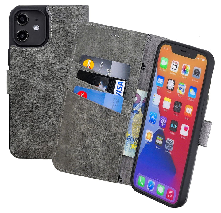Suncase Book-Style Hülle kompatibel mit iPhone 12 Mini (5.4") Leder Tasche (Slim-Fit) Lederhülle Han