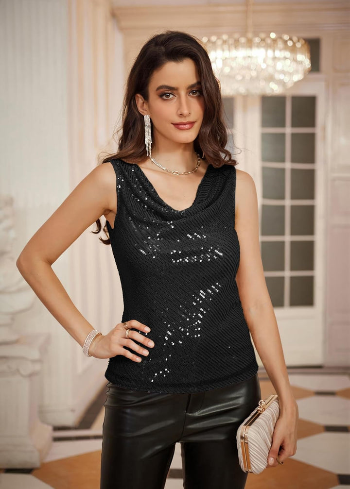 GRACE KARIN Damen Ärmelloses Sexy Glänzendes Pailletten Top V-Ausschnitt Enges Oberteil für Party We