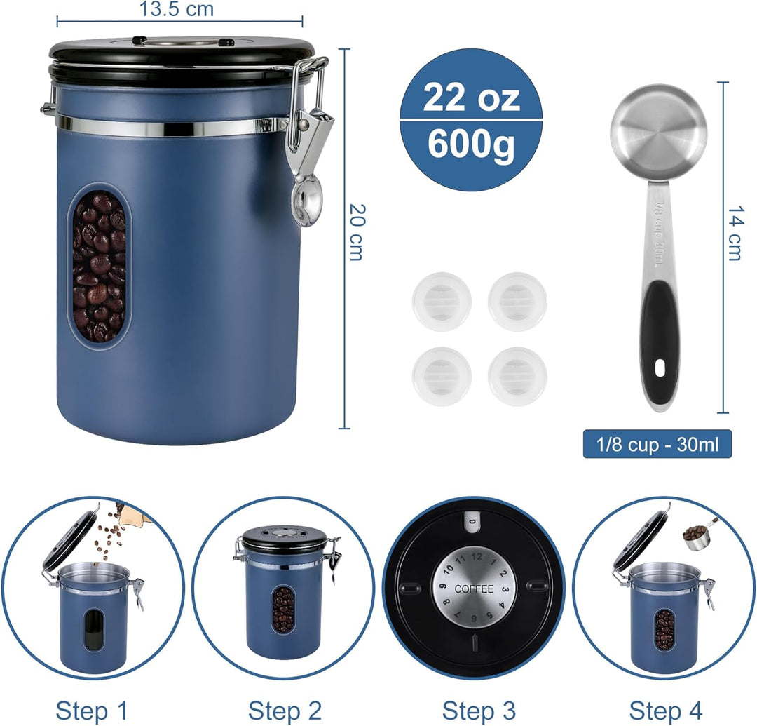 ROCKY&CHAO Kaffeedose Luftdicht aus Edelstahl 1,8L Kaffeebhnen Behälter 600g Vorratsdose für Tee Nüs